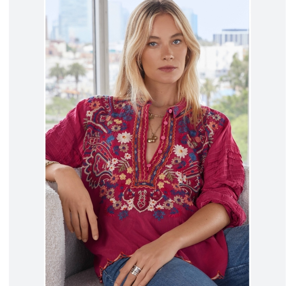Johnny Was Aubrette Pink Top Embroidered Roll Tab Sleeve XS
